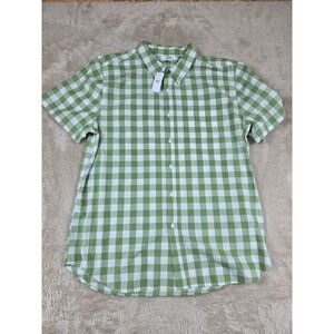 Dip Gingham Check Short Sleeve Button Up Shirt Mens Size L Green White Casual‎